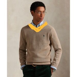 Polo Ralph Lauren Men V-Neck Sweater XXLarge Olive Knit Cotton Embroidered Horse